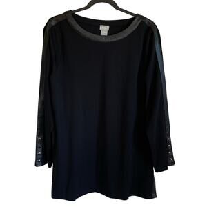 Chico’s Tunic Top Black Faux Leather Accents Long Sleeves Sz L Whimsigoth Edgy